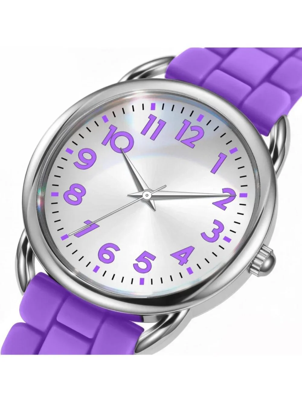 Women's Purple White Big Face Easy Reader Silicone Strap Waterproof 35MM Watch